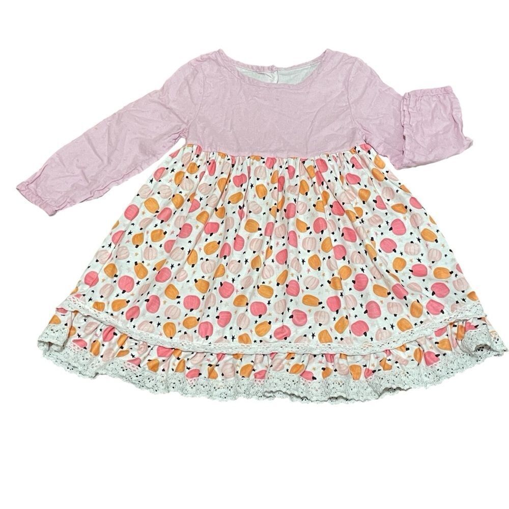 Abby & Evie Long Sleeve Twirl Dress Pink With Orange Pumpkins Size 3T